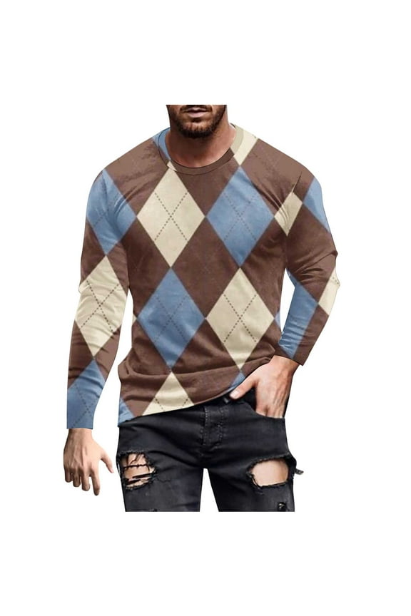Men's Crewneck Sweater Slim Fit Argyle Pattern Long Sleeve Knit Pullover Sweater for Casual Or Dressy Wear Brown XXL
