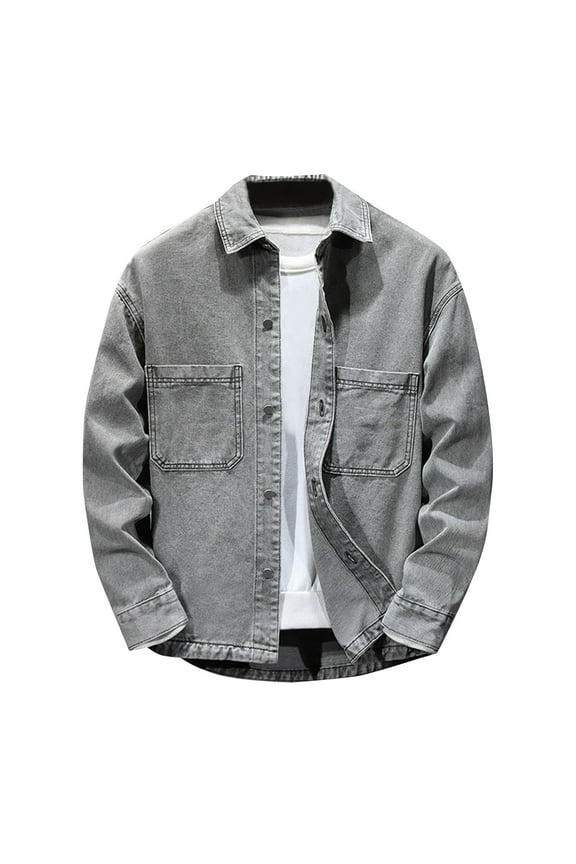 Men's Denim Jacket Big Pocket Spring Fall Fashion Outdoor Casual Coat Solid Loose Comfy Trucker Jackets with Pocket Gray M