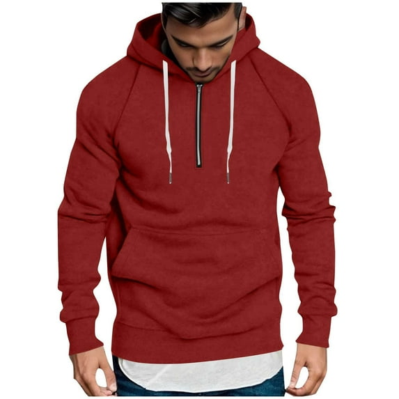 LNWUY Men's Drawstring Half-Zipper Pullover Hoodie Lightweight Long Sleeve Slim Fit Basic Fall Casual Sweatshirt with Pocket Red XL