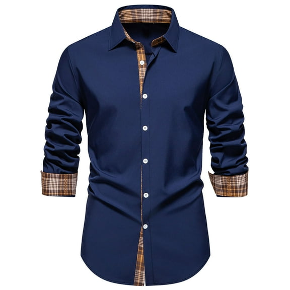 LNWUY Men's Dress Shirt Long Sleeve Casual Button Down Shirts Regular Fit Inner Contrast Shirt for Business Party Dark Blue S