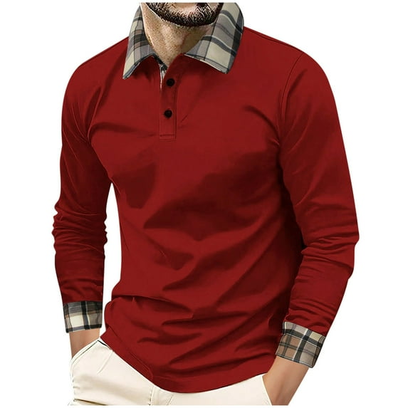 LNWUY Men's Dress Shirts Classic Button Basic Long Sleeve Shirt Casual Color Block Tees Plaid Printed Golf Stylish Tops Red XXL