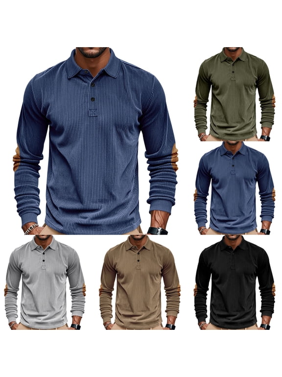 Men's Fall Winter Sweatshirt with Elbow Patches Casual Corduroy Button Turndown Collar Pullover Shirts Long Sleeve Tops Blue S