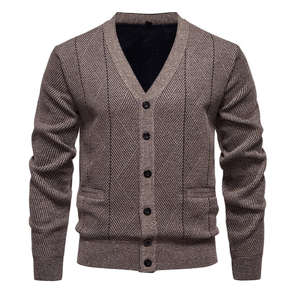 LNWUY Men's Fall and Winter Fashion Stretch Button Pocket Long Sleeve Crew Neck Knit Sweater Jacket Crew Neck Cardigan Thermal Brown XL