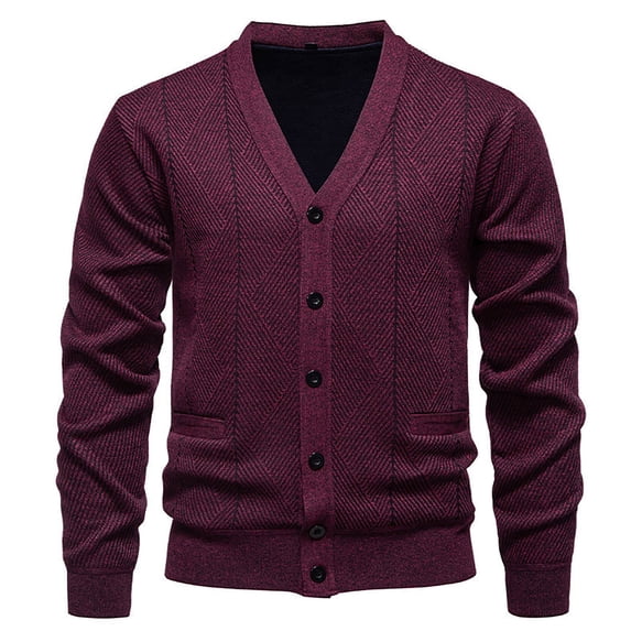 LNWUY Men's Fall and Winter Fashion Stretch Button Pocket Long Sleeve Crew Neck Knit Sweater Jacket Crew Neck Cardigan Thermal Red XXL