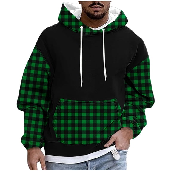 LNWUY Men's Fall and Winter Plaid Printed Fleece Pocket Long Sleeve Drawstring Hooded Sweatshirt Lightweight Comfort Hooded Top Green XXXL