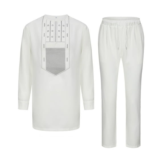 LNWUY Men's Fashion 2 Piece Suit Dress Shirt with Pants Long Sleeve Set Ethnic Style Side Shoulder Zipper Solid Color Pocket Suit White XXXXL