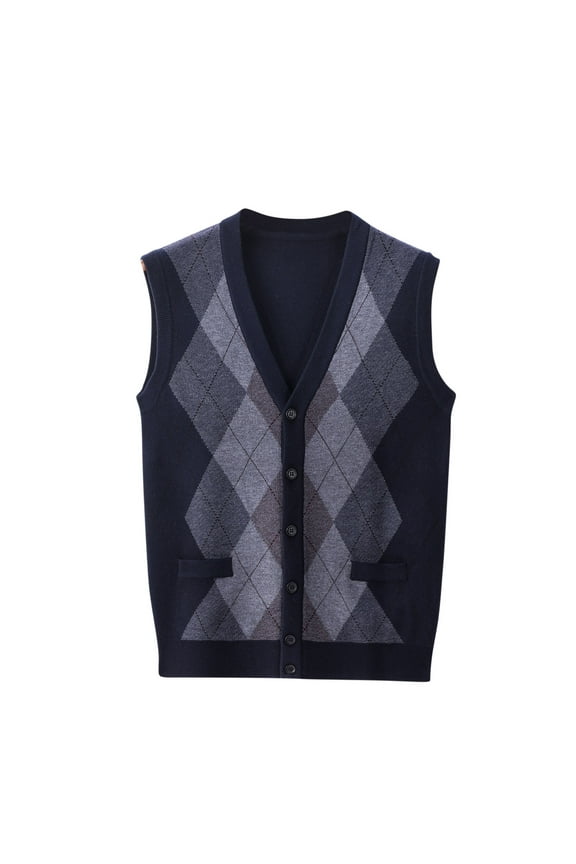 Men's Fashion Blend V-Neck Knitted Cardigan Vest Fleece Sweater Color Matching Casual All-Match Sleeveless Vest Pullover Sweater Vest Navy M