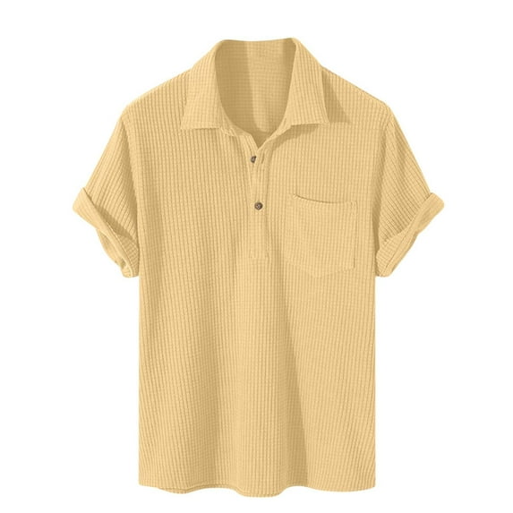 LNWUY Men's Fashion Casual Solid Color Shirts Short Sleeve Summer Striped Dress Shirts Comfort Breathable Button Down Tops Yellow M