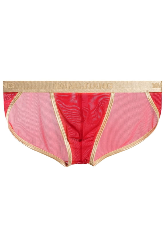 Men's Fashion High Cut Triangle Briefs Mesh Transparent Low Rise Breathable No Trace Briefs Red M