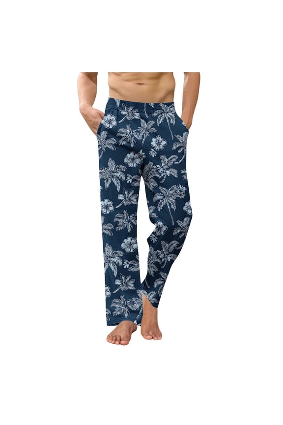 Men's Fashion Printed Casual Pants Loose Fit Cotton Linen Blend Pocket Yoga Pants with Stretch Waistband Blue M