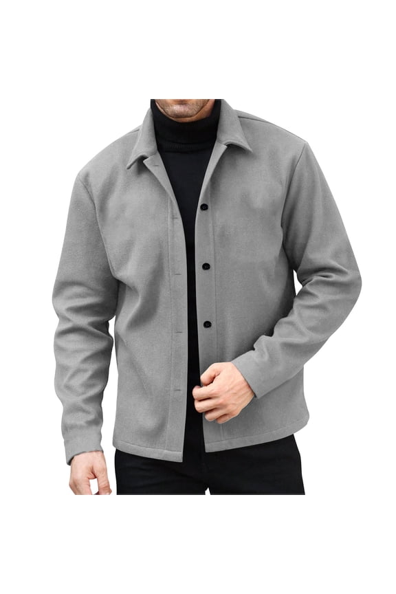 Men's Fashion Solid Color Long Sleeve Button-Down Woolen Jacket, Regular Fit Casual Winter Overcoat with Pockets Gray M