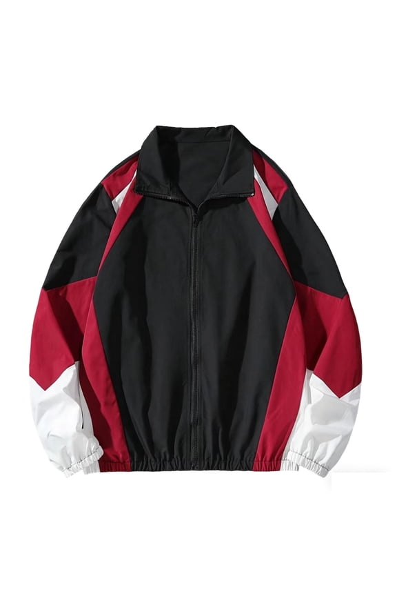 Men's Fashion Solid Color Patchwork Zipper Jacket Outdoor Casual Windbreaker Jackets Long Sleeve Coats Streetwear Red XL