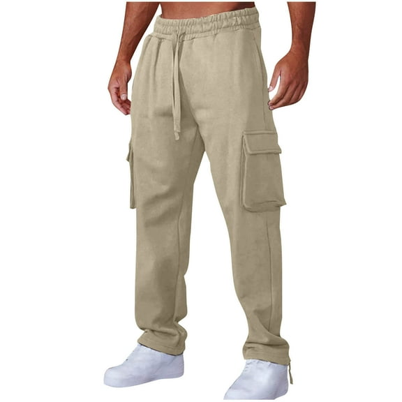 LNWUY Men's Fashion Solid Fleece Cargo Sweatpants Elastic Waist Drawstring Loose Joggers Open Bottom Athletic Pants with Pockets Khaki S