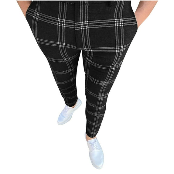 LNWUY Men's Fashion Stretch Dress Pants Slim Fit Plaid Trousers Classic Business Suit Pants Casual Daily Flat Front Straight Leg Trousers Black M