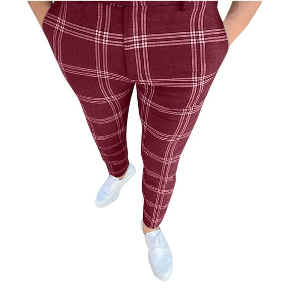 LNWUY Men's Fashion Stretch Dress Pants Slim Fit Plaid Trousers Classic Business Suit Pants Casual Daily Flat Front Straight Leg Trousers Red M