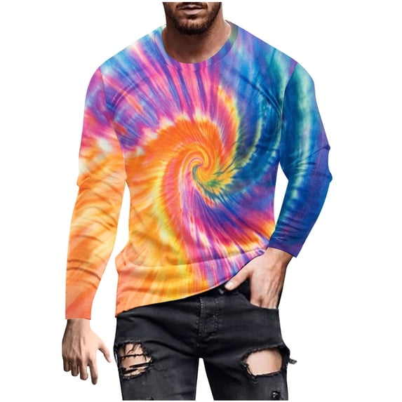 LNWUY Men's Fashion Tie Dye Printing Round Neck Pullover Fitness Sports Long Sleeves Shirts Lightweight Breathable Rash Guard Shirt Multicolor S