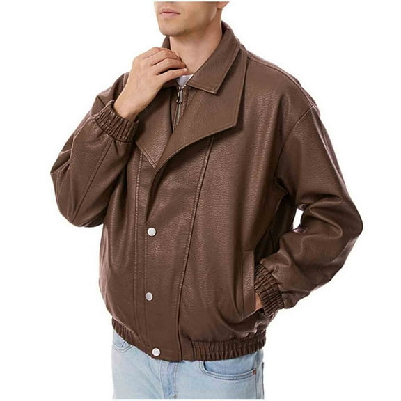 LNWUY Men's Faux Leather Motorcycle Jacket Stylish Fake-Two Pieces Loose Windproof Winter Coats Long Sleeve Overcoat Brown M