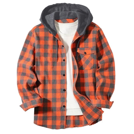 LNWUY Men's Flannel Hoodie Shirts Casual Patchwork Button Down Plaid Shirt Jackets for Men Long Sleeve Hooded with Pocket Orange XXL