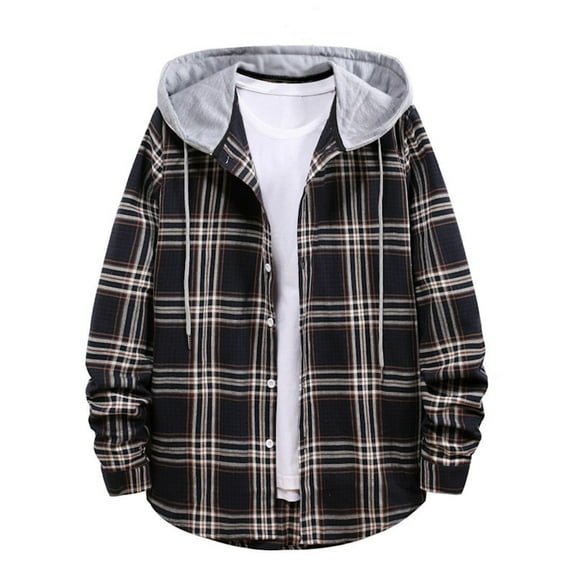 LNWUY Men's Flannel Hoodie Shirts Classic Fit Button Down Plaid Shirt Jackets Casual Long Sleeve Stylish Hooded with Pocket Black M