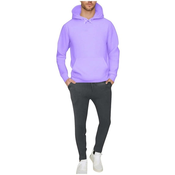 LNWUY Men's Fleece Lined Hoodie Solid Color Relaxed Fit Pocket Drawstring Casual Sweatpants Outfit Long Sleeve Hooded Set Purple XXL