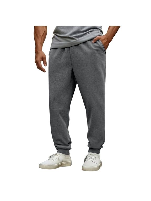 Men's Fleece Sweat Pants Joggers Solid Color Drawstring Elastic Waist Straight Leg Pants Warm Cotton Baggy Sweatpants Gray M