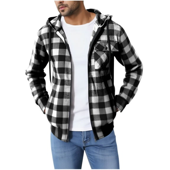 LNWUY Men's Full Zip Hoodie, Flannel Long Sleeve Shirt, Stylish Plaid Sweatshirt, Lightweight and Comfortable Outerwear Coat Gray XL