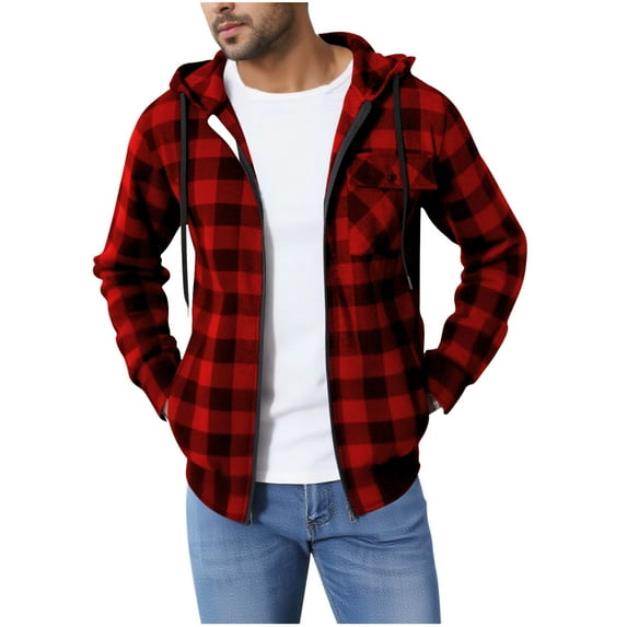 LNWUY Men's Full Zip Hoodie, Flannel Long Sleeve Shirt, Stylish Plaid Sweatshirt, Lightweight and Comfortable Outerwear Coat Red L