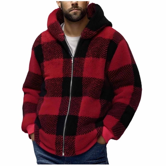 LNWUY Men's Full-Zip Pocket Checkered Long Sleeve Hooded Jackets Casual Outwear Jacket Fall Fashion Fleece Lined Casual Jacket Red XXL