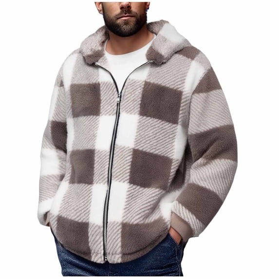 LNWUY Men's Full-Zip Pocket Checkered Long Sleeve Hooded Jackets Casual Outwear Jacket Fall Fashion Fleece Lined Casual Jacket Yellow L