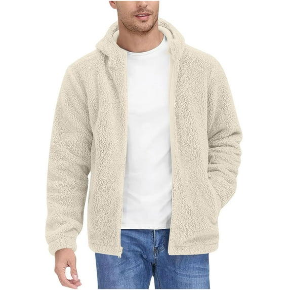 LNWUY Men's Fuzzy Fleece Jacket Vintage Casual Full Zip Up Lightweight Warm Soft Coat with Hooded for Fall Winter Beige L