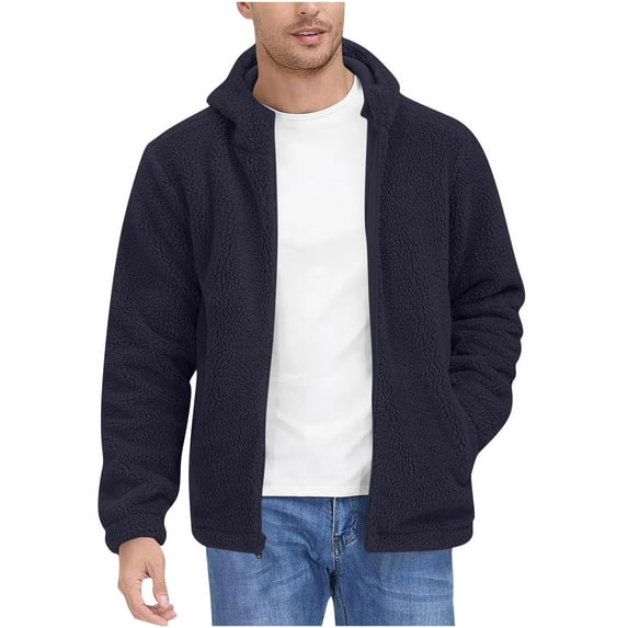 LNWUY Men's Fuzzy Fleece Jacket Vintage Casual Full Zip Up Lightweight Warm Soft Coat with Hooded for Fall Winter Black L