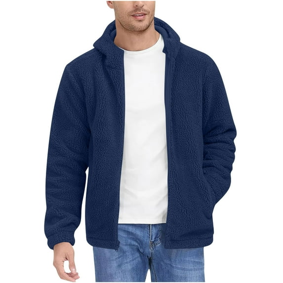 LNWUY Men's Fuzzy Fleece Jacket Vintage Casual Full Zip Up Lightweight Warm Soft Coat with Hooded for Fall Winter Blue XL