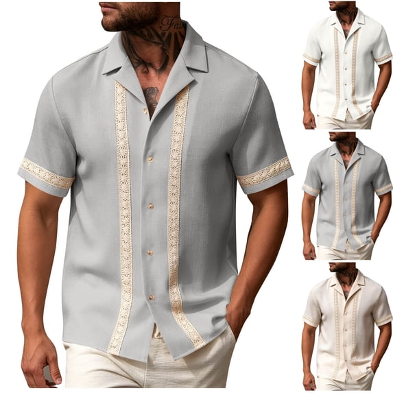 LNWUY Men's Guayabera Shirt Short Sleeve Lapel Button Down Casual T-Shirt Pattern Printed Beach Vacation Clothes Summer Tops White S