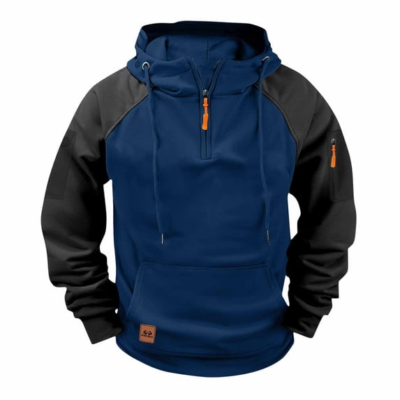 LNWUY Men's Half Zipper Hoodie Raglan Long Sleeve Sweatshirt Outdoor Sports Multiple Pockets Color Blocked Hooded Sweatshirt Blue XXL