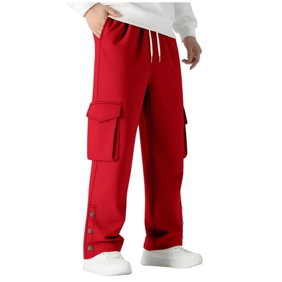 LNWUY Men's Heavyweight Fleece Cargo Sweatpants Solid Color Loose Fit Thick Warm Fleece Wide Leg Sweats with Pockets Red XXXL
