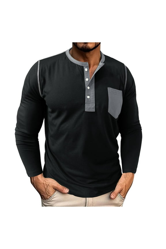 Men's Henley Shirts Raglan Long Sleeve Casual Slim Fit Lightweight Breathable Fashion T-Shirts with Pocket Black M