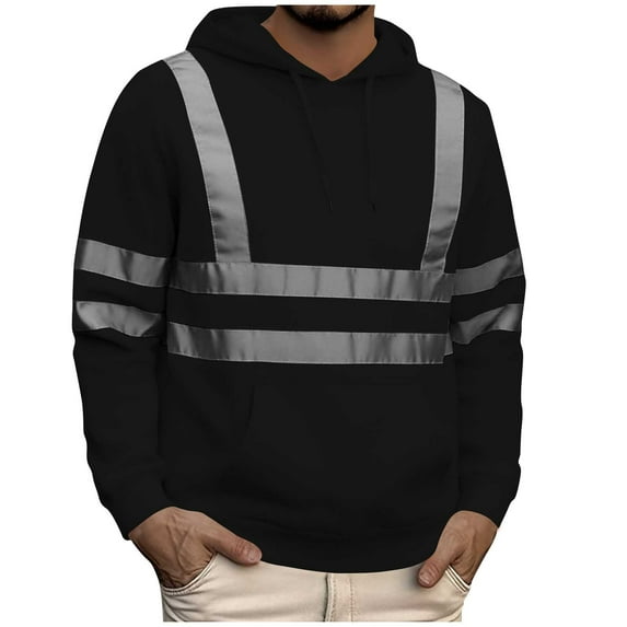 LNWUY Men's High Visibility Reflective Jacket, Long Sleeve Safety Hoodie with Pockets and Zipper, Ideal for Construction Work Black XXL