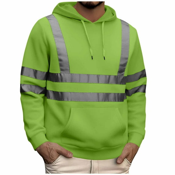 LNWUY Men's High Visibility Reflective Jacket, Long Sleeve Safety Hoodie with Pockets and Zipper, Ideal for Construction Work Green XXXL