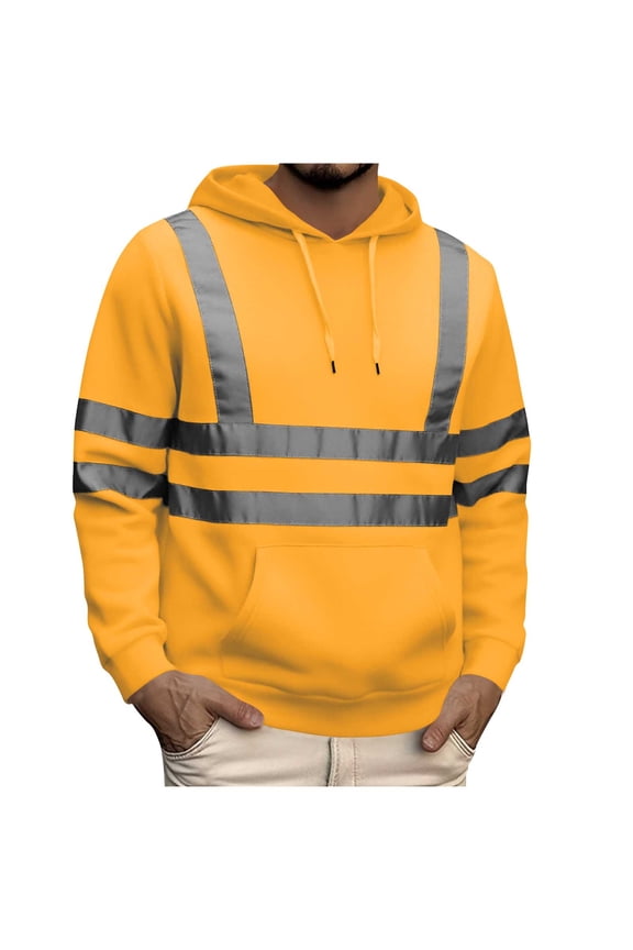Men's High Visibility Reflective Jacket, Long Sleeve Safety Hoodie with Pockets and Zipper, Ideal for Construction Work Yellow M