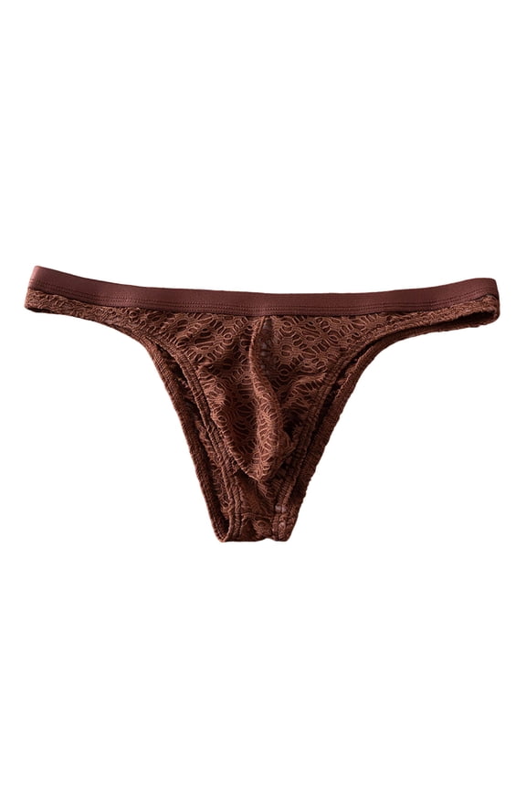 Men's Jacquard Sheer Thongs Low Rise Soft Breathable Mesh Underpants Pouch Underwear Brown XXL