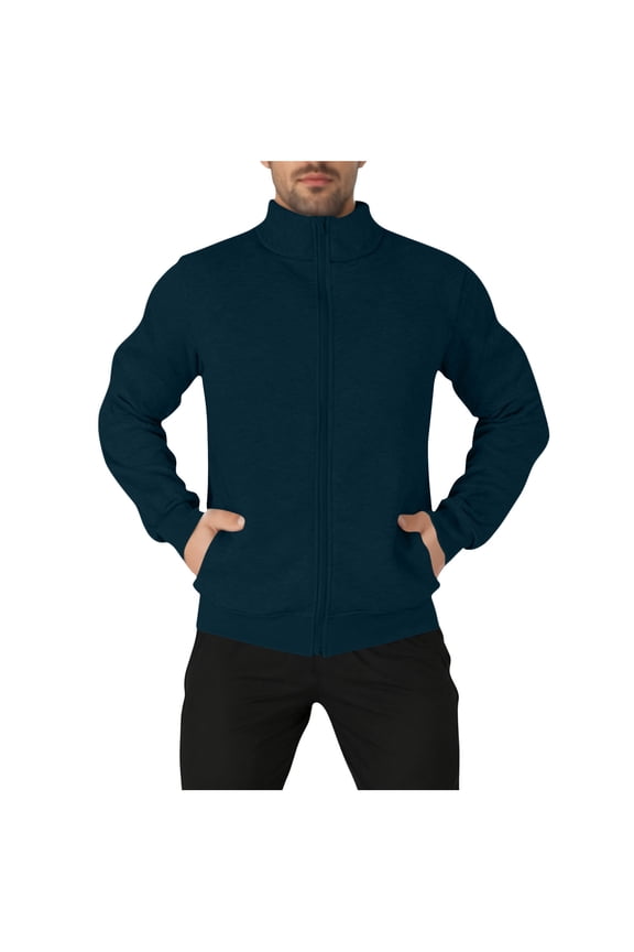 Men's Lightweight Fleece Jacket Full-Zip Casual Coat with Standing Collar, Zippered Pocket on Arm, and Comfortable Warmth for Everyday Wear Blue XXL