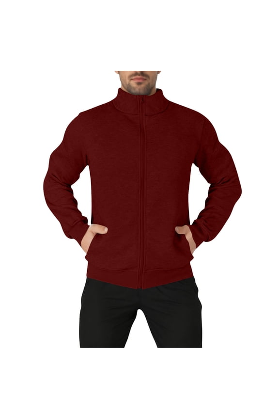 Men's Lightweight Fleece Jacket Full-Zip Casual Coat with Standing Collar, Zippered Pocket on Arm, and Comfortable Warmth for Everyday Wear Red M
