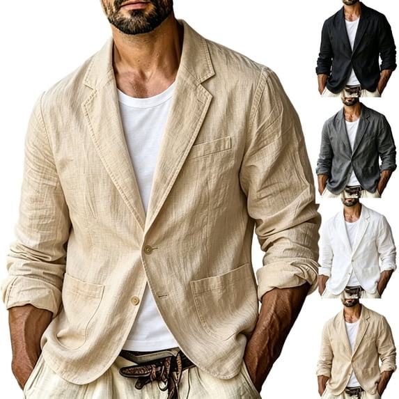 LNWUY Men's Lightweight Linen Cotton Blazer Solid Color Loose Fit Business Casual Lapel Jacket With Pockets Black L