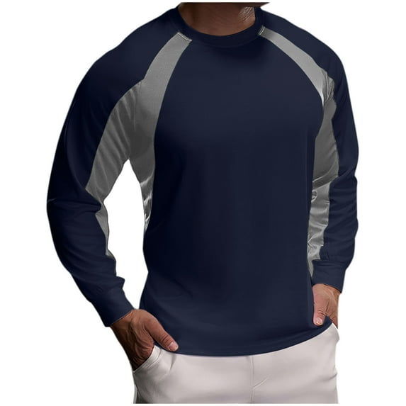 LNWUY Men's Long Sleeve Athletic Shirts Casual Crew Neck Stretch Fit Pullover Color Block Workout Stylish Spring Summer Clothes Navy XXL