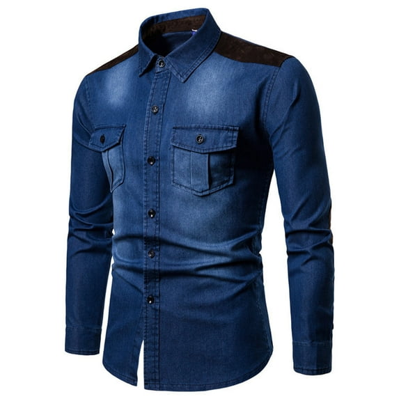 LNWUY Men's Long Sleeve Casual Work Denim Button down Shirt Washed Slim Fit Pocket Turndown Collar Shirts Spring Fall Fashion Tops Blue M