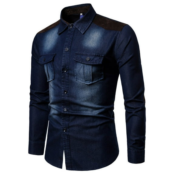 LNWUY Men's Long Sleeve Casual Work Denim Button down Shirt Washed Slim Fit Pocket Turndown Collar Shirts Spring Fall Fashion Tops Dark Blue M