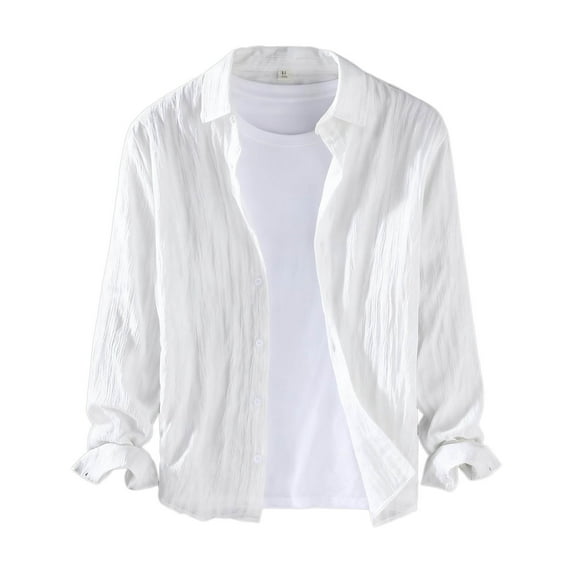 LNWUY Men's Long Sleeve Shirts Breathable Solid Color Button Down Lapel Collar Lightweight Jacket Vintage Casual Texture Top White XL
