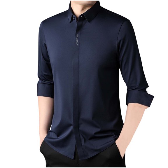 LNWUY Men's Long Sleeve Shirts Quick Dry Performance Shirt Spring Autumn Solid Color Padded Warm Comfortable Flip Collar Shirts Blue XXXL