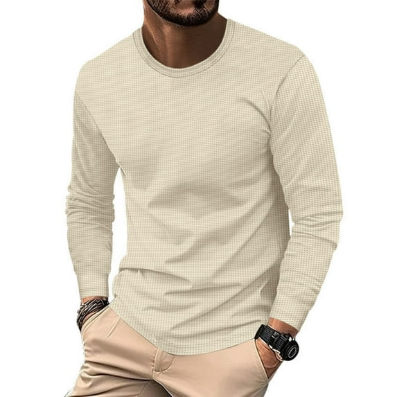 LNWUY Men's Long Sleeve Shirts Vintage Solid Color Waffle Pullover Sweater Crewneck Texture Tops Lightweight Undershirts Yellow XL