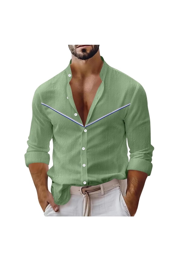 Men's Long-Sleeved Standing Collar Cardigan Shirts Casual Button Down Shirt Solid Color Hippie Shirts with Pocket Green XL